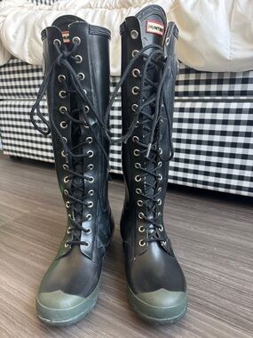 Hunter Black Lace-Up Tall Boots with Green Sole Trim